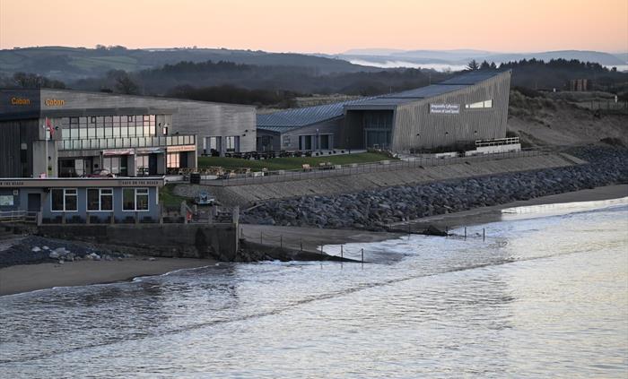 View of the Museum of Land Speed and Caban overlooking Pendine Sands on a spring morning